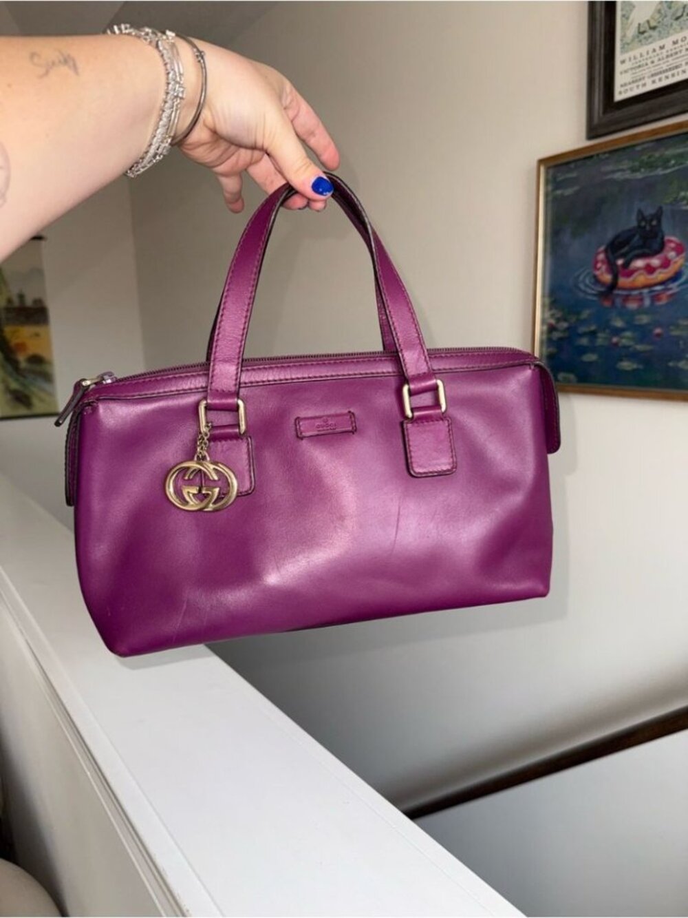 Gucci Purple Leather Top-Handle Satchel with Gold-Tone Logo Charm